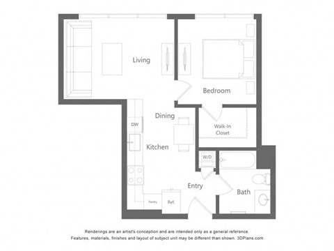 Floor plan for 1 bed, 1 bath, 662 sqft